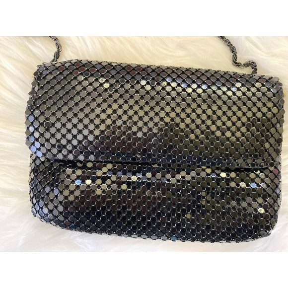Vintage 60s Black Purse Metallic Mesh Crossbody Evening Bag Metal Strap 7" X 5" - Picture 11 of 12
